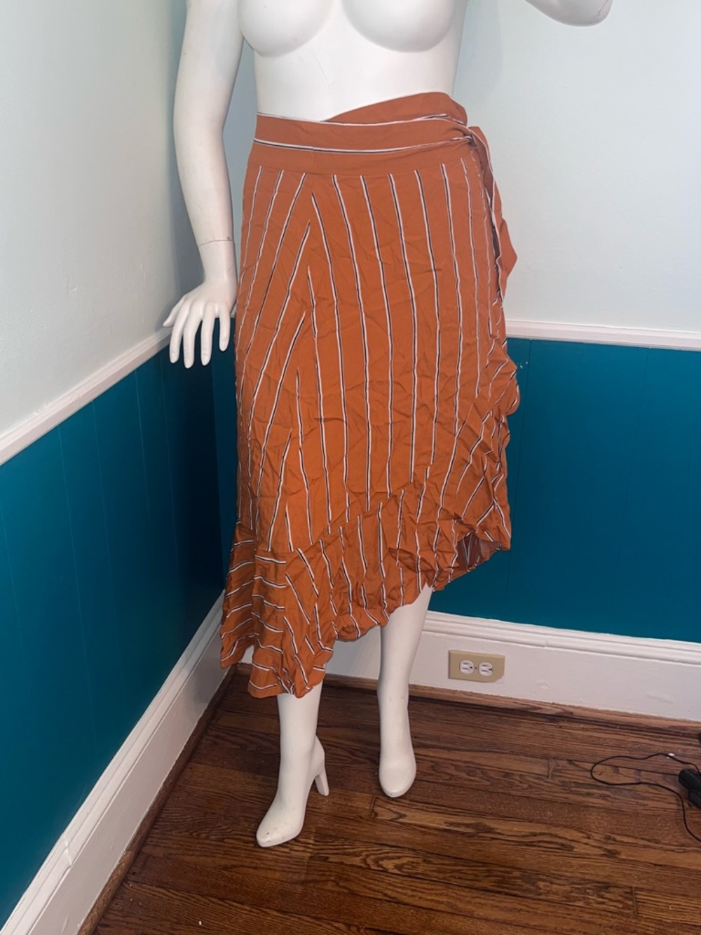 Rust Striped Ruffle Wrap Midi Skirt - Picture 3 of 6